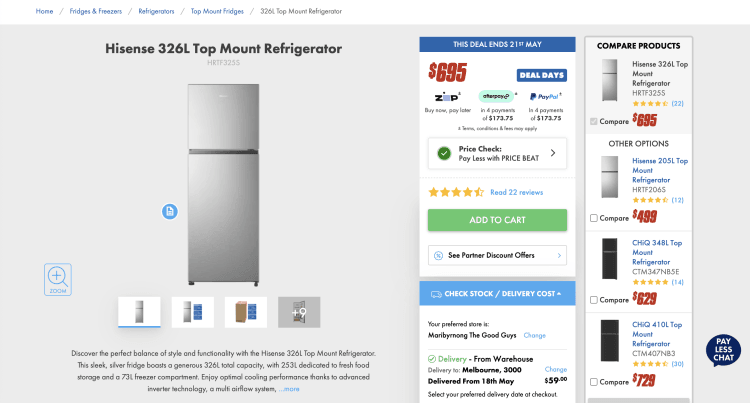 The Good Guys: Hisense 326L Top Mount Refrigerator (HRTF325S) – $694 -> $684 with Price Beat